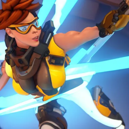 Image similar to a screenshot of tracer arnold schwarzenegger as tracer in overwatch