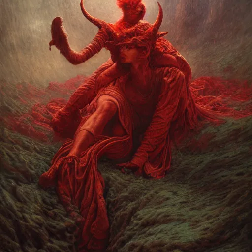 Image similar to a masterpiece! photographic portrait of a scarlet - colored beast with seven ( 7 ) heads and ten ( 1 0 ) horns by gustave dore and stephen hickman and allen williams, trending on artstation, cgsociety, 8 k hd, earthtone colors, a cloaked woman riding the back of the beast