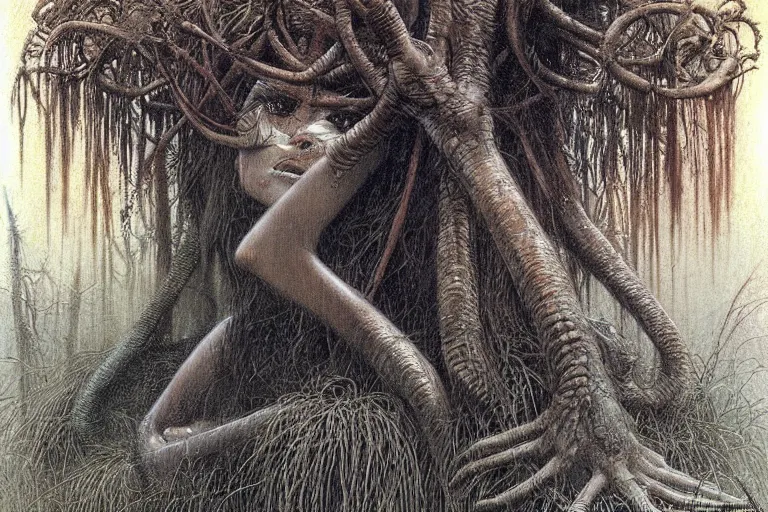 Prompt: cute yanomami female with short hairs in lovecraftian jungles by jean delville by luis royo and wayne barlowe, beksinski