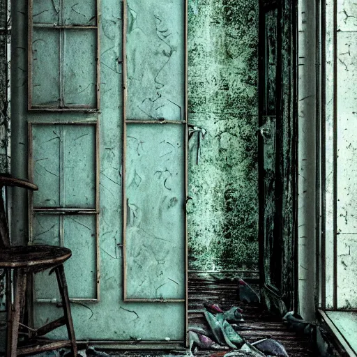 Prompt: pov through an old ripped and torn screen door is a dilapidated kitchen, dimly lit, distressed venetian green plaster walls, liminal space, haunting atmosphere, gothic, photorealistic, hyperdetailed 3 d matte painting, hyperrealism, hyperrealistic, cinematic, silent hill, horror style, unrealengine, octane render