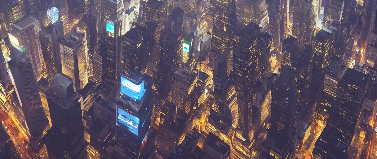 Image similar to huge modern downtown city, billboards, Times Square, small buildings, dark, concept art, digital painting, style of Ian Hubert, warm lighting, futuristic, volumetric lighting, view from above, daytime, godrays , high detail