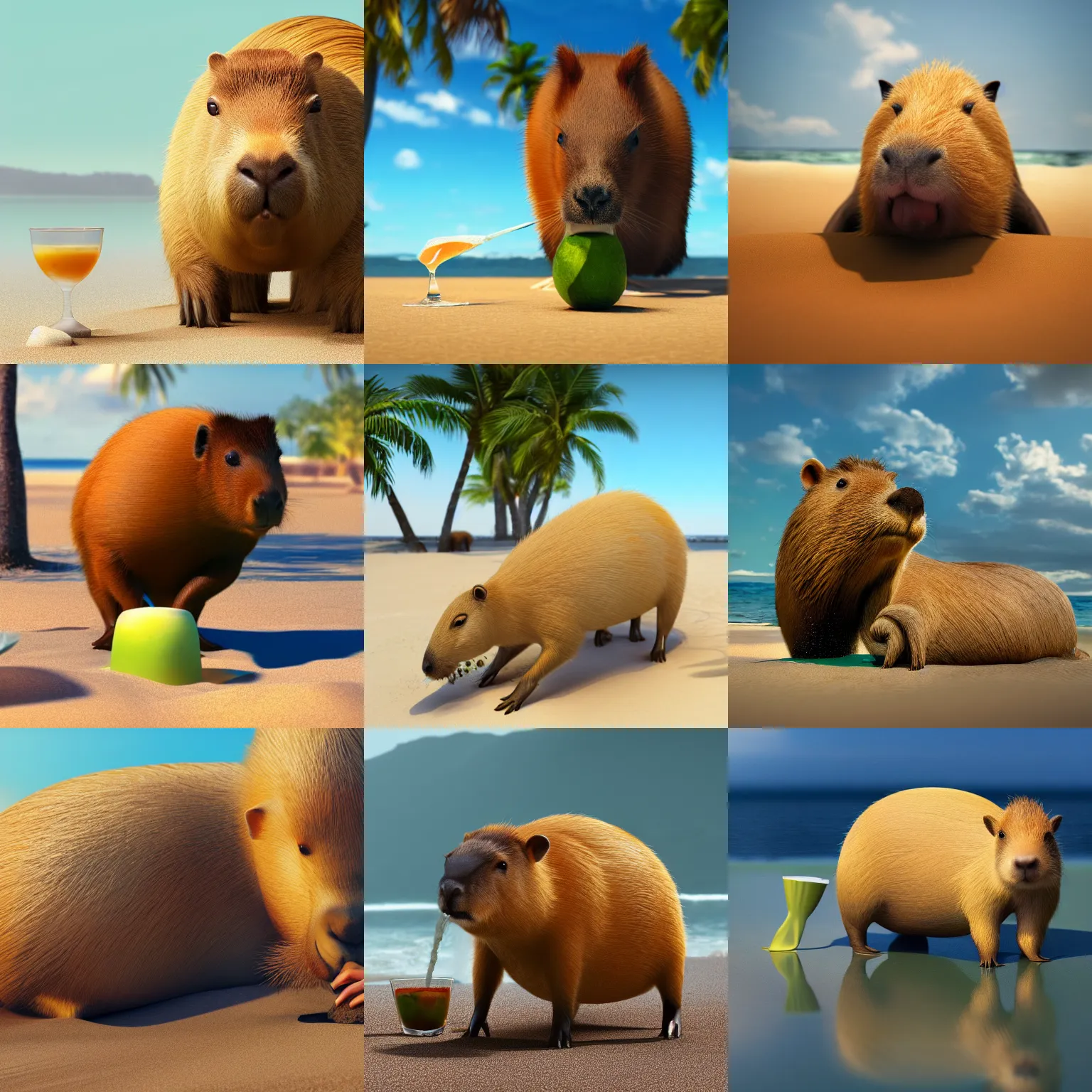 Prompt: photo of a capybara with shades drinking coconut juice on the beach, octane render, artstation, 4 k, national - geographic