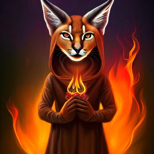 Image similar to ( a cute caracal with a hood that covers half his face carries an incense burner that emits a pleasantly colored flame. ) by anato finnstark, dream, full body portrait, dynamic lighting, beautiful, trending on artstation, wallpaper, 4 k, award winning, digital art, very detailed faces