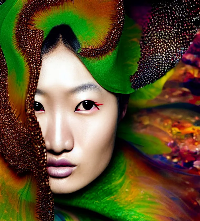 Prompt: photography face portrait of one female asian fashion model in rainforest, wearing one organic futurist shawl designed by iris van herpen,, creative colorfull - makeup, curly hair style half _ long, photography by paolo roversi nick knight, helmut newton, avedon, and araki, sky forest background, natural pose, highly detailed, skin grain detail