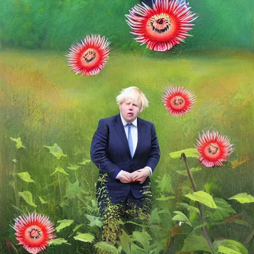 Prompt: Boris Johnson in a meadow painting a passion flower