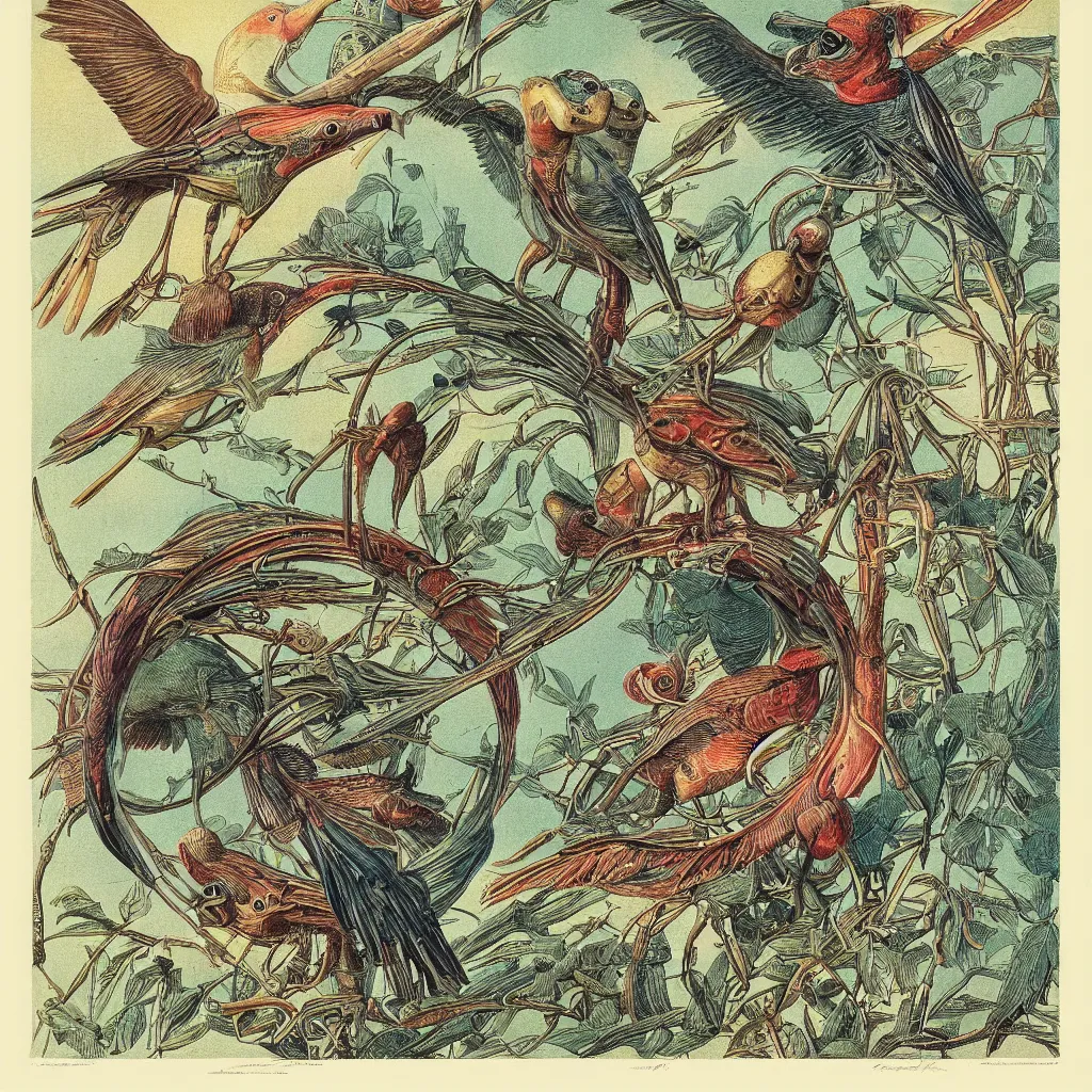 Prompt: brilliant alien bird color scientific illustration by Ernst Haekel, color illustration with orthographic views