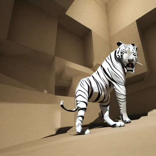 Prompt: a low - poly render of an all white tiger with no stripes in a dynamic action pose dwelling in the spirit realm, low poly 3 d, octane render, dramatic dreamlike lighting, all white render, no textures, angular energetic background elements, angular dynamic white rock floor, artgerm, unreal