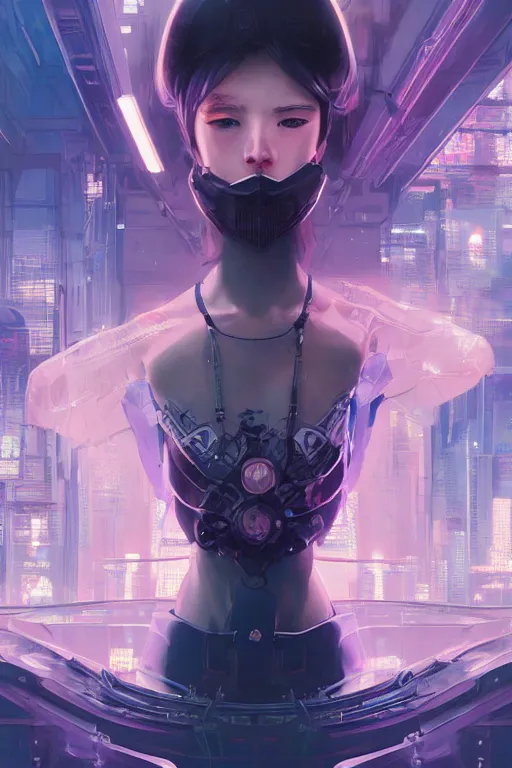 Image similar to portrait futuristic Ninja Girl, in future cyberpunk tokyo rooftop , ssci-fi, fantasy, intricate, very very beautiful, elegant, neon light, highly detailed, digital painting, artstation, concept art, smooth, sharp focus, illustration, art by WLOP and tian zi and alphonse mucha