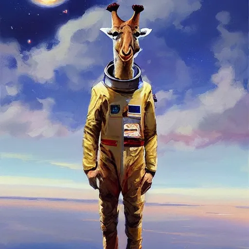 Image similar to a giraffe dressed like an astronaut floating in the space, trending on artstation, art by greg manchess, guangjian, detailed digital art, artstation hd