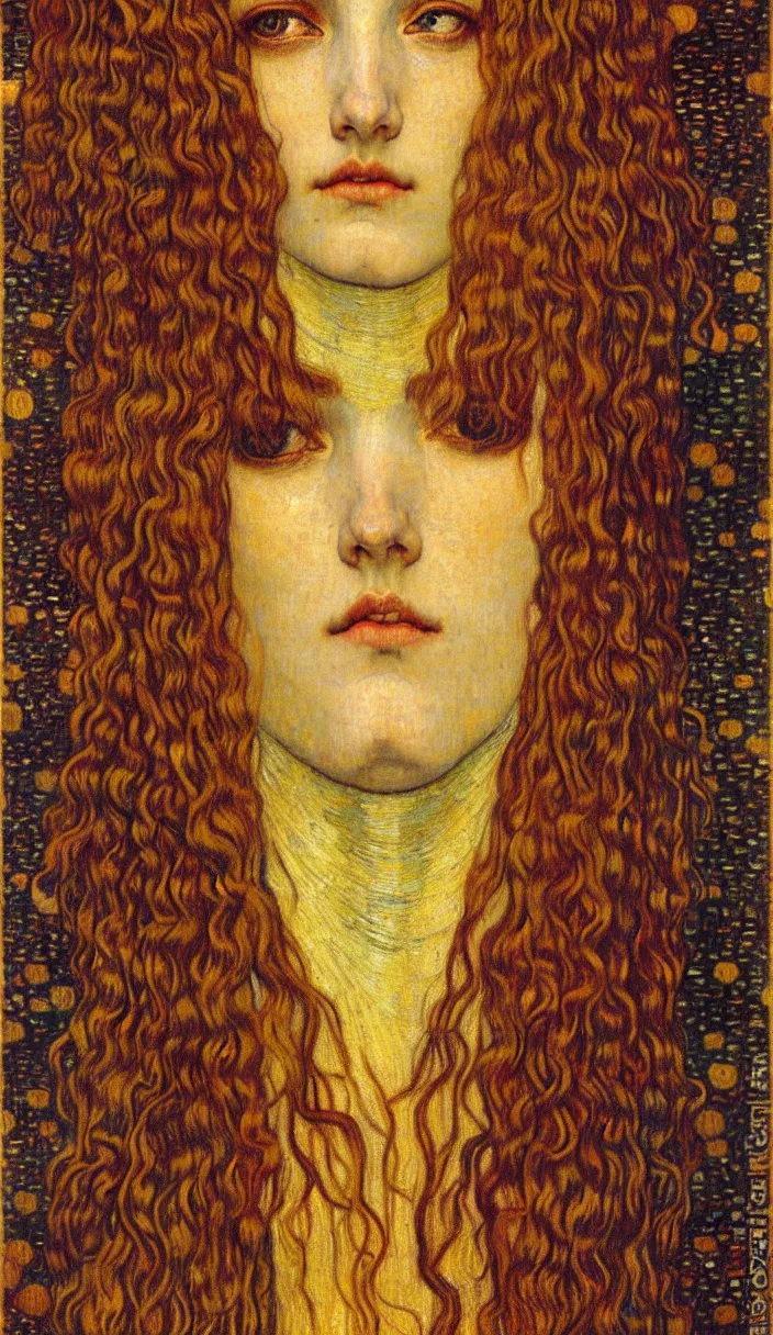 Image similar to detailed realistic beautiful young medieval queen face portrait by jean delville, gustav klimt and vincent van gogh, art nouveau, symbolist, visionary, gothic, pre - raphaelite, muted earthy colors, desaturated