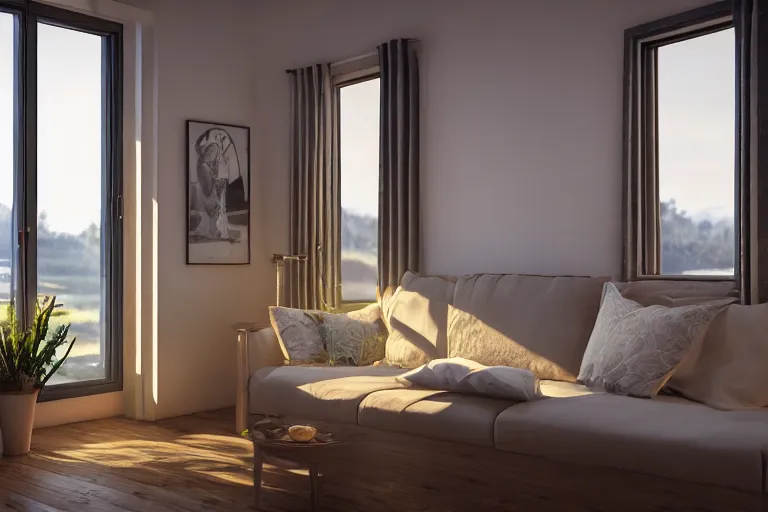 Prompt: rays of the sun shining through the window of the village house. very beautiful, warm shiny colors, octane render