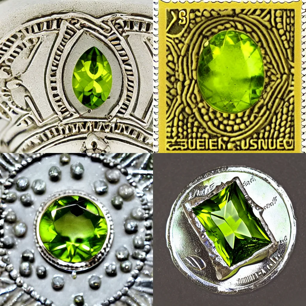 Prompt: very detailed and fine cascade peridot gemstone on a hawaiian post stamp hd photography