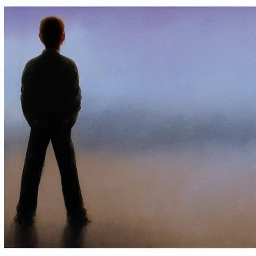 Prompt: atmospheric dreamscape painting of a boy standing on the beach on a foggy day, by moebius and john harris, atmospheric blues, concept art, saturation 40