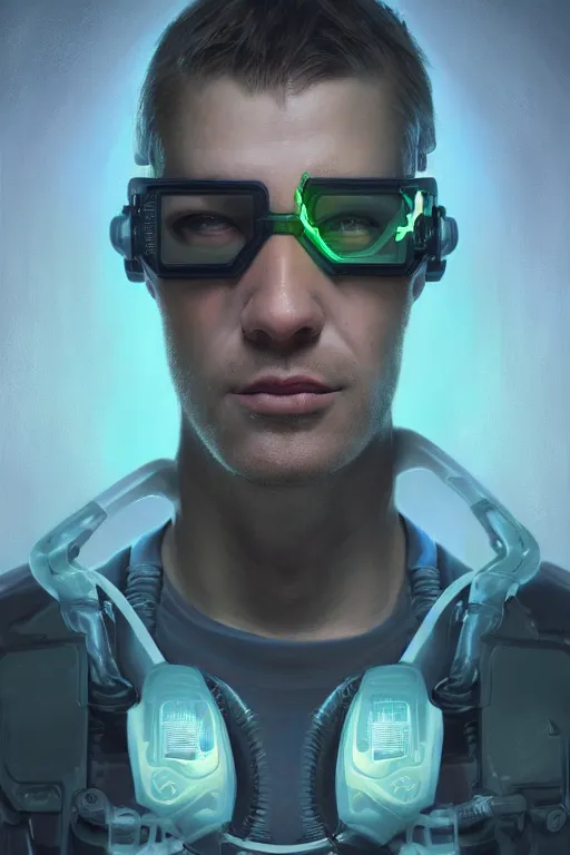 Image similar to illustration of an male cyberpunk character wearing bionic implants, criminal mugshot, highly detailed, oil on canvas, soft lighting, neon pastel colors, by WLOP and Greg Staples, HD, 4K