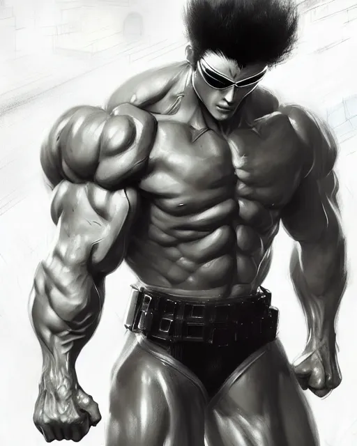 prompthunt: gigachad luigi bodybuilder fighting like saitama wearing a suit  in the mountain, fantasy character portrait, ultra realistic, anime key  visual, full body concept art like ernest khalimov, intricate details,  highly detailed