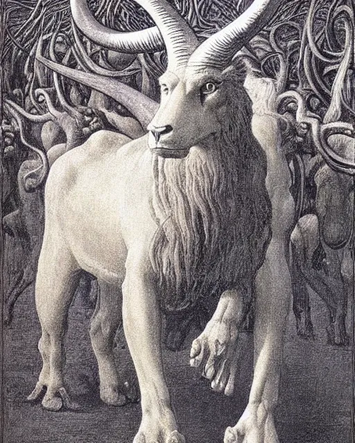 Image similar to a creature with the body and eyes of a man, with the beak of an eagle, the mane of a lion, and the horns of an ox drawn by jean delville