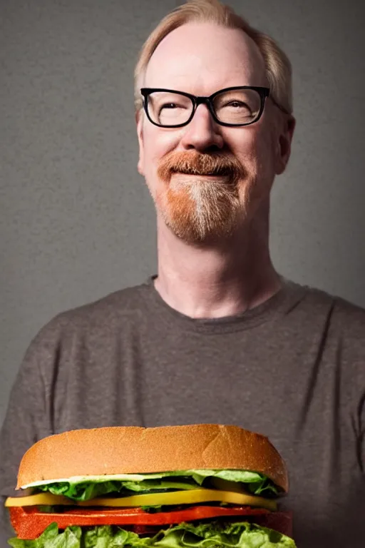 Image similar to 📷 portrait of adam savage the sandwich, made of food, still image, dynamic lighting, 4 k