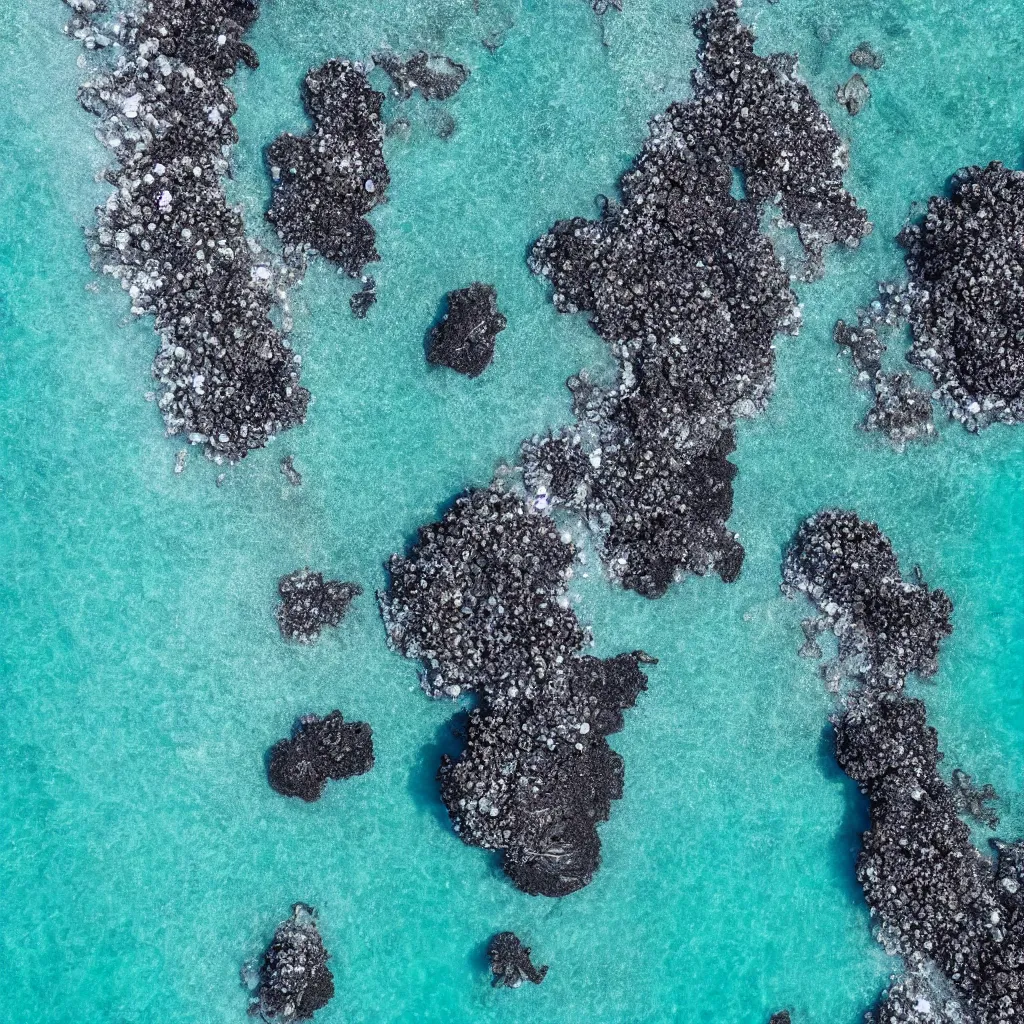 Image similar to birds eye view above a crystal clear blue ocean with swirling sea foam, dark black smooth obsidian boulders, floating kelp, small fishes, octopus, dolphins, stingrays, whale