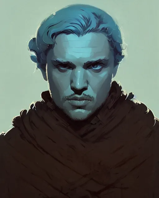 Prompt: portrait of raven male lord from game of thrones by atey ghailan, by greg rutkowski, by greg tocchini, by james gilleard, by joe fenton, by kaethe butcher, dynamic lighting, gradient light blue, brown, blonde cream and white color scheme, grunge aesthetic