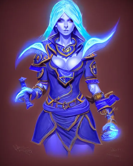 Image similar to perfectly - centered!! looking at the camera!!! full body portrait of the female blue mage, bright lighting, intricate abstract upper body intricate artwork, by hearthstone, concept art, hearthstone mastered art