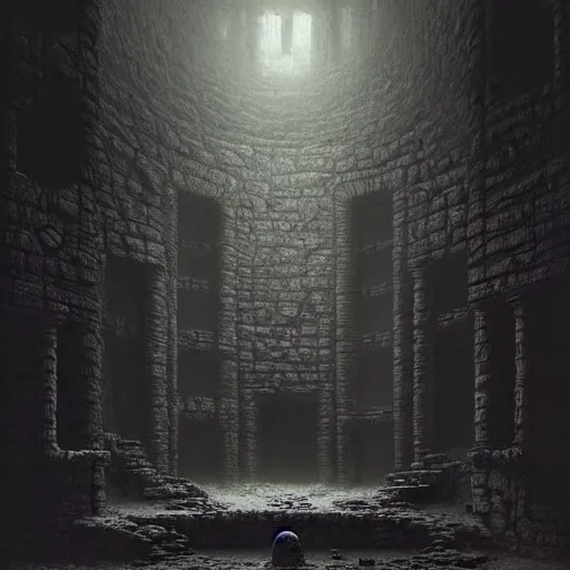 Prompt: A dark and foreboding dungeon, filled with ancient relics and dark secrets, in the style of Keith Thompson and Zdzislaw Beksinski, Artstation HD, 8k, Surrealistic digital artwork,