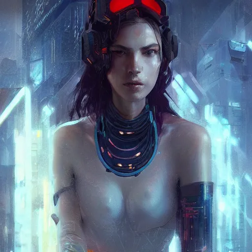 Image similar to a beautiful portrait of a cyberpunk goddess by greg rutkowski and raymond swanland, trending on artstation, ultra realistic digital art