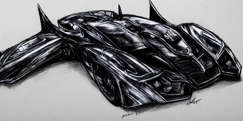 Image similar to ballpoint pen drawing of the batmobile, batman, arkham knight