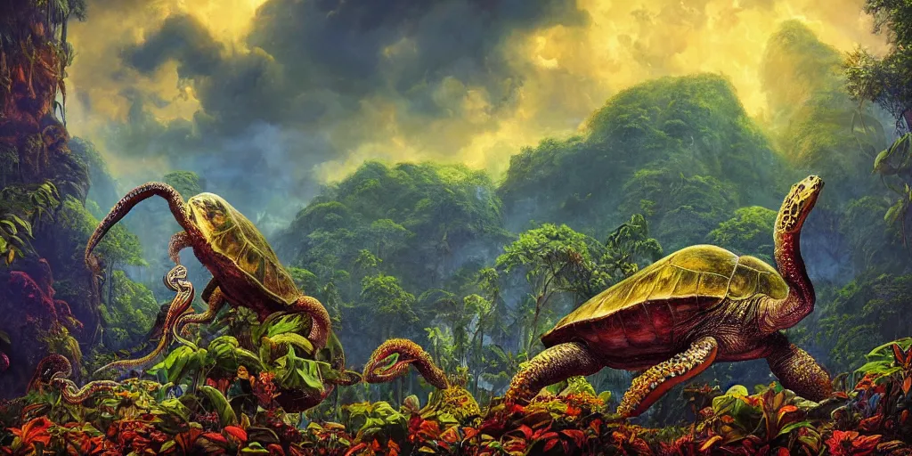 Image similar to fantasy oil painting, great leviathan, turtle cephalopod terrapin reptilian pachyderm amphibian hybrid, rainforest mountains, lush plants flowers, epic natural light, bright clouds, luminous sky, outer worlds, bright cinematic lighting, michael cheval, michael whelan, vray, 8 k hd