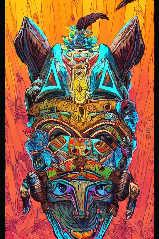 Image similar to totem animal tribal chaman vodoo mask feather gemstone plant wood rock video game illustration vivid color borderlands by josan gonzales and dan mumford radiating a glowing aura