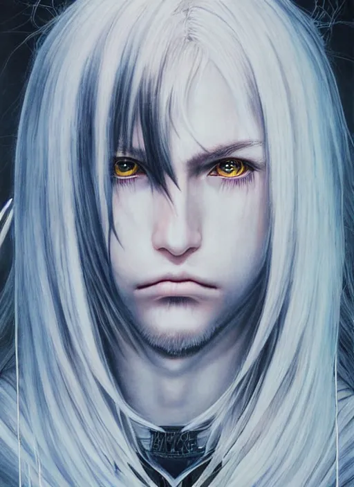 Prompt: beautiful matte airbrush portrait of a final fantasy inspired face with very long hair and sad eyes crying on a white background, 8 0's airbrush aesthetic, art by pater sato, ayami kojima and yoshitaka amano