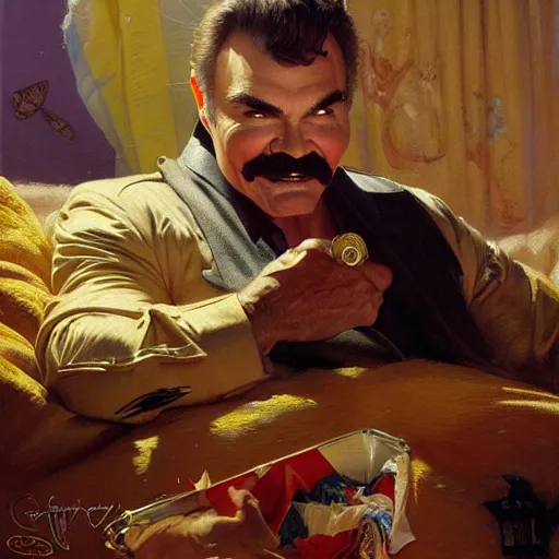 Image similar to burt reynolds is in his bed, nervous and terrified, because an evil rip taylor is throwing confetti from a bucket at him. highly detailed painting by gaston bussiere, j. c. leyendecker, greg rutkowski, craig mullins 8 k