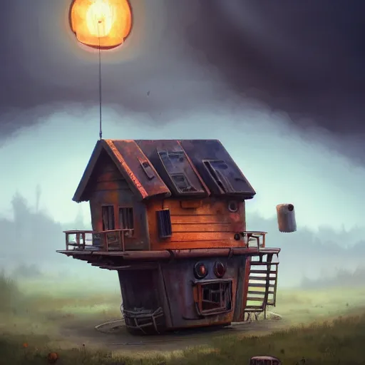 Image similar to a walking wood and metal house with two legs and one big eye, smoke chimney, rust, hyperrealistic, highly detailed, cinematic, single ray of sun, morning, pareidolia, gravity falls style, disney, ghibli, beautiful, cgssociety, artstation, 8 k, oil painting, digital art