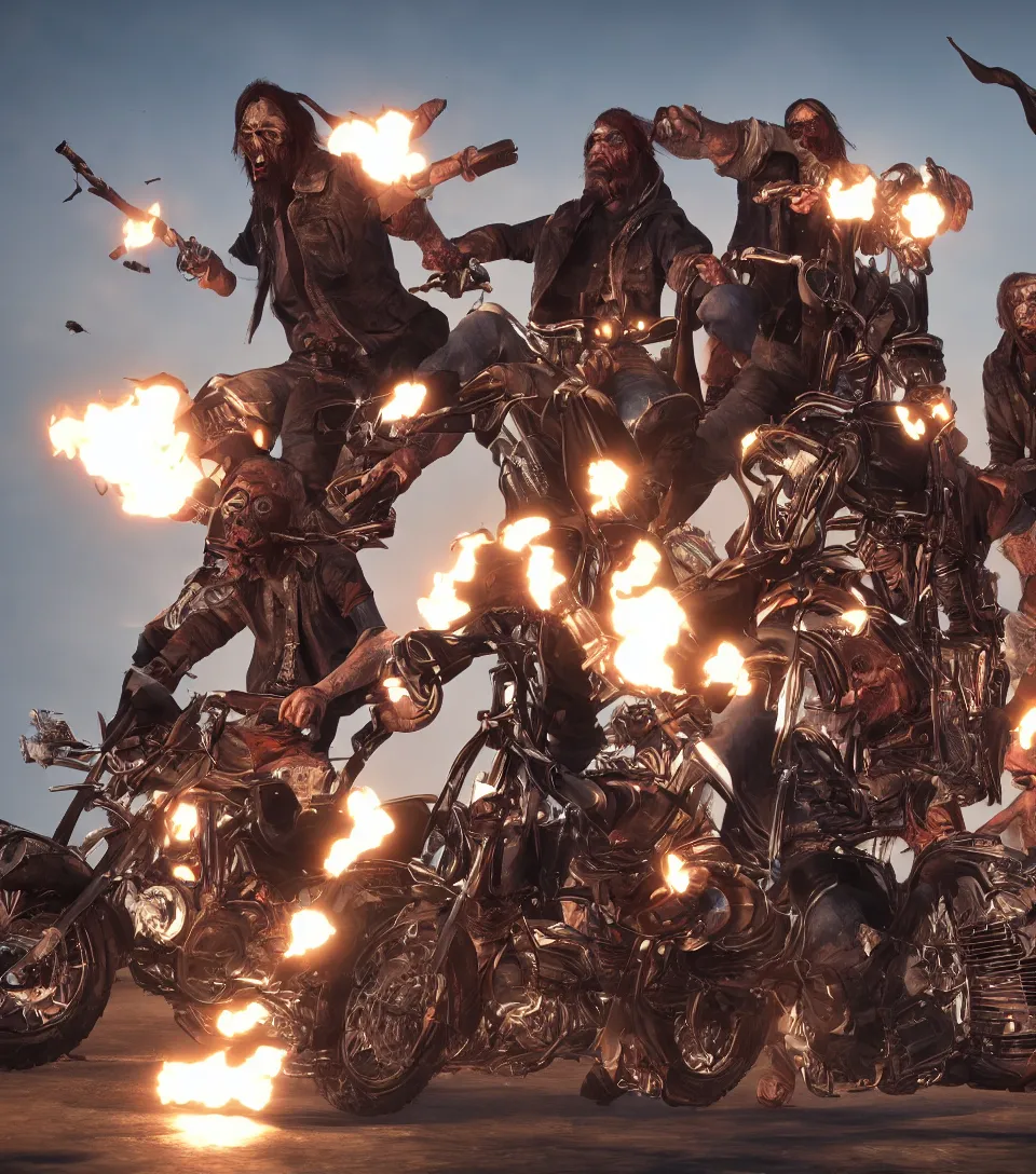 Prompt: hyper realistic undead outlaw bikers in epic focus, dramatic lighting, highly detailed, octane, unreal 5