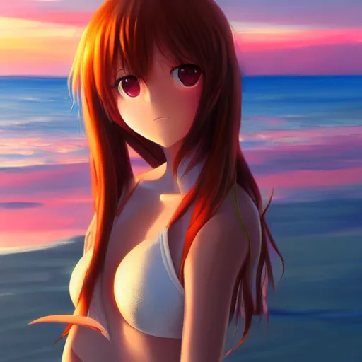 Image similar to an anime girl portrait, sunset, ocean in distance, oil painting, pale colors, high detail, 8 k, wide angle, trending on artstation,