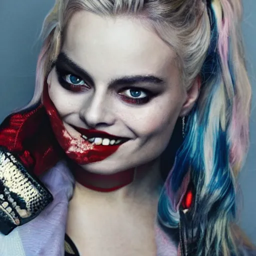Prompt: a beautiful medium - shot of margot robbie as harley quinn looking for into the distance, psychopath face, beautiful backlight, focus on her face, bokeh, by terry richardson