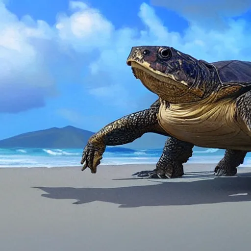 Prompt: large cute adorable snapping turtles walking on the beach in maui, hyper realistic painted by greg rutkowski, unreal engine