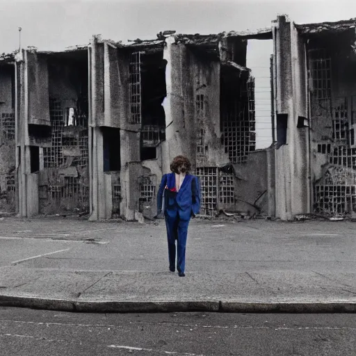 Image similar to brutalist buildings, rundown buildings, orwellian dystopia, totalitarian murals on building walls, hooligans with shaggy hair and blue suits, 1 9 7 1 cinematic, 8 mm photo lens, kodak