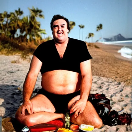 Image similar to john candy is relaxing on the beach, he is rubbing barbeque sauce on his skin. robin williams rubs bbq sauce on hos skin but his arms are too hairy, vacation photo