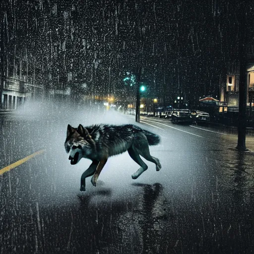 Image similar to an anthropomorphic male wolf running in the streets, night, rain, cinematic, photograph, volumetric lighting, f 8 aperture, cinematic eastman 5 3 8 4 film, photorealistic