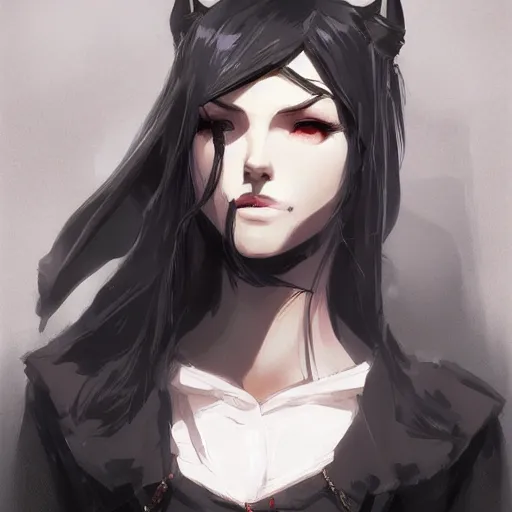 Image similar to female human vampire witch in the style of greg rutkowski, makoto shinkai, trending on artstation, character design, concept art, pretty face, highly detailed, long black hair, portrait, digital art