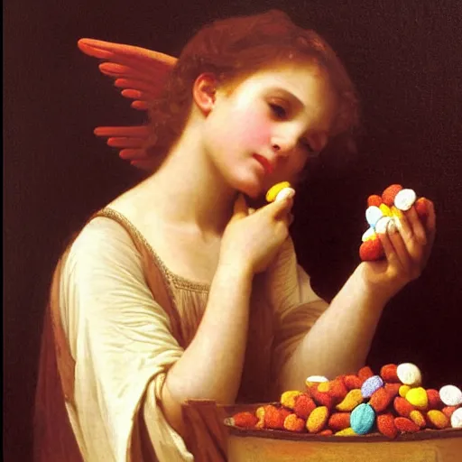 Prompt: an oil painting of an angel inside a theater eating small M&M candies, by Bouguereau, highly realistic and intricate