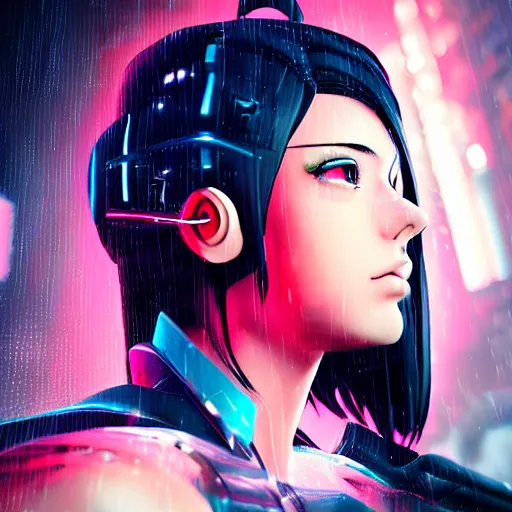 Prompt: anime woman portrait made out of rain, beautiful, cyborg, stylish suit, cyberpunk background, neon, rendered in octane, unreal engine, matte painting, sharp focus, trending on artstation, futuristic