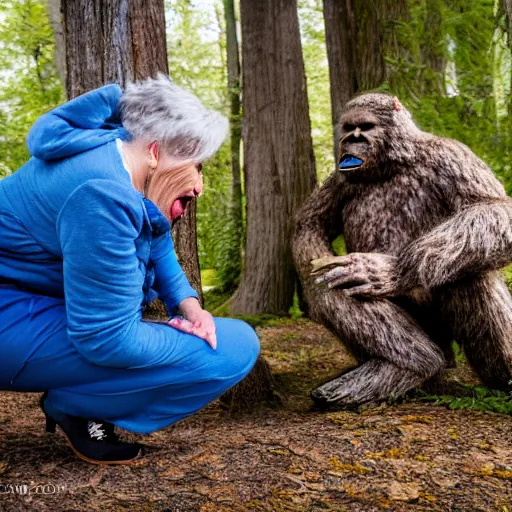 Prompt: elderly woman screaming at bigfoot, canon eos r 3, f / 1. 4, iso 2 0 0, 1 / 1 6 0 s, 8 k, raw, unedited, symmetrical balance, wide angle