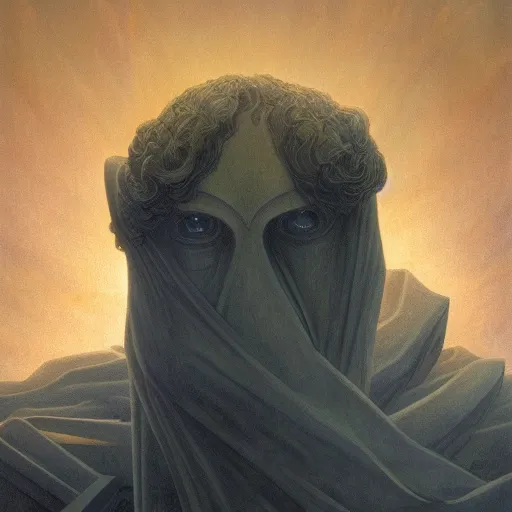 Image similar to eyeless watcher, dutiful return, golden age seraph bunkers, art by Jean Delville and Aaron Douglas, high detail, cinematic, cgsociety 8k