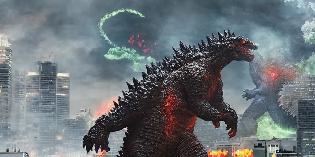 Image similar to godzilla rampaging in a city in the style of claymation, funny and weird