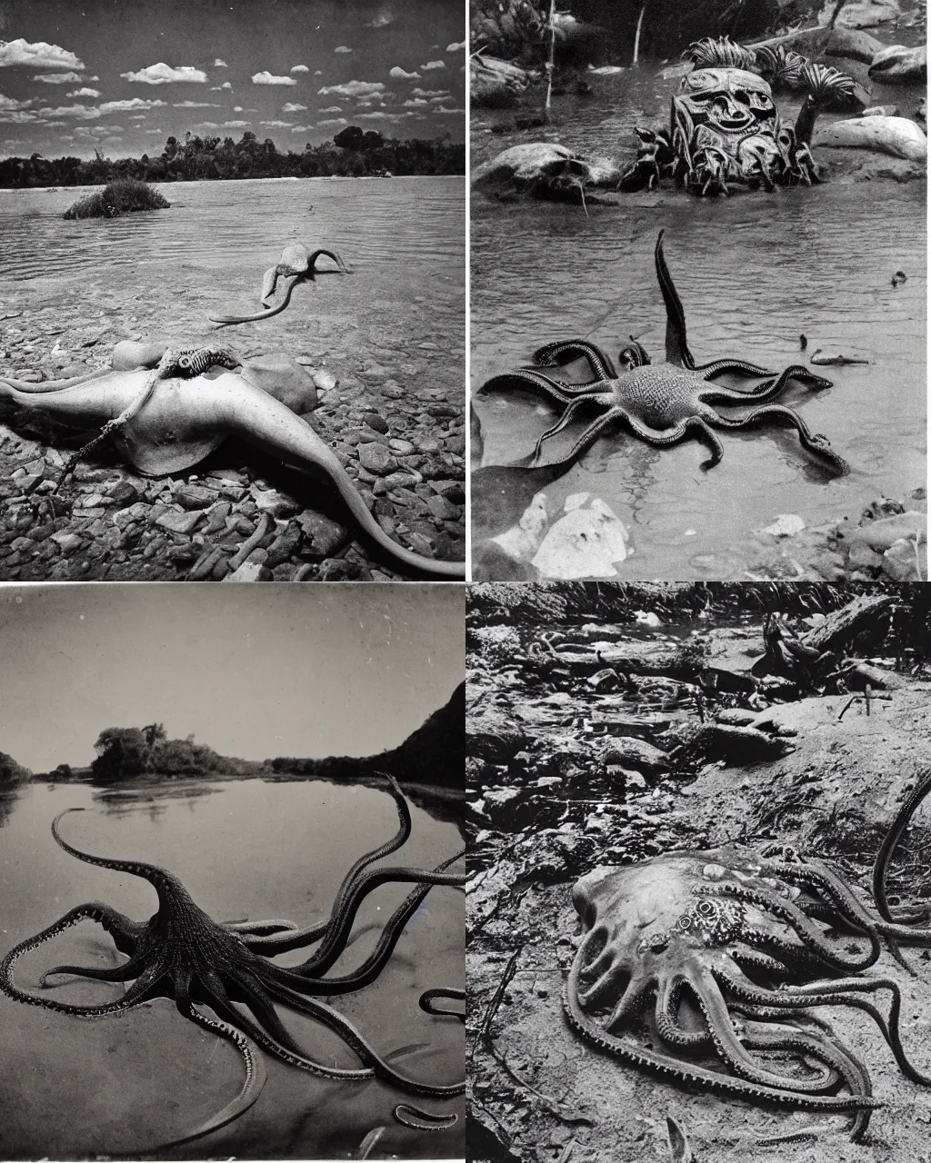 Prompt: tribal magician fakhir medium shot. background: wide angle river, low angle panorama scary unproportionable dead body of octopus on side of the tribal river, heavy vignette, dramatic dark ,1900s picture