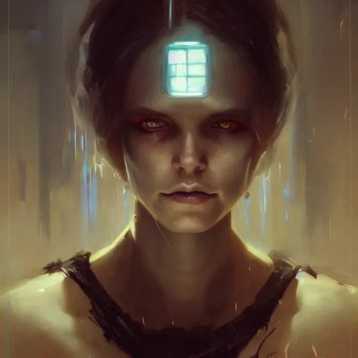 Prompt: young beautiful woman, cyberpunk, glowing eyes, high detail, dramatic light, digital art, dark, painted by seb mckinnon and greg rutkowski, trending on artstation