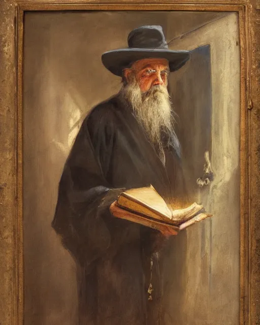 Image similar to Solomon Joseph Solomon and Richard Schmid and Jeremy Lipking victorian genre painting portrait painting of a old rugged actor wizard wearing a wizard hat and robe from the hobbit holding a book and standing in front of an ancient wooden door