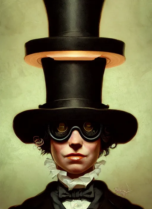 Prompt: highly detailed closeup portrait of jill the ripper wearing goggles and a top hat, stephen bliss, unreal engine, greg rutkowski, ilya kuvshinov, ross draws, tom bagshaw, tom whalen, alphonse mucha, nicoletta ceccoli, mark ryden, earl norem, global illumination, god rays, detailed and intricate environment