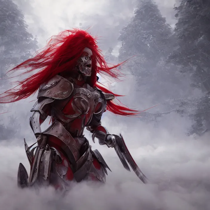 Image similar to a girl with a long red hair wearing a full-body red plate armor screaming in a battlefield, anatomically correct, hyperrealistic, concept art, octane render, unreal engine 5, 8K HDR, highly detailed, high quality, fantasy armor